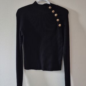 Zara Black Ribbed Knit Lightweight Sweater with Gold Shoulder Buttons